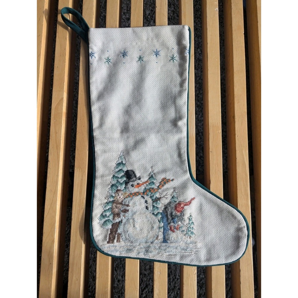 Vintage Cross Stitch Needlepoint Stocking Country Christmas Scene Snowman Child